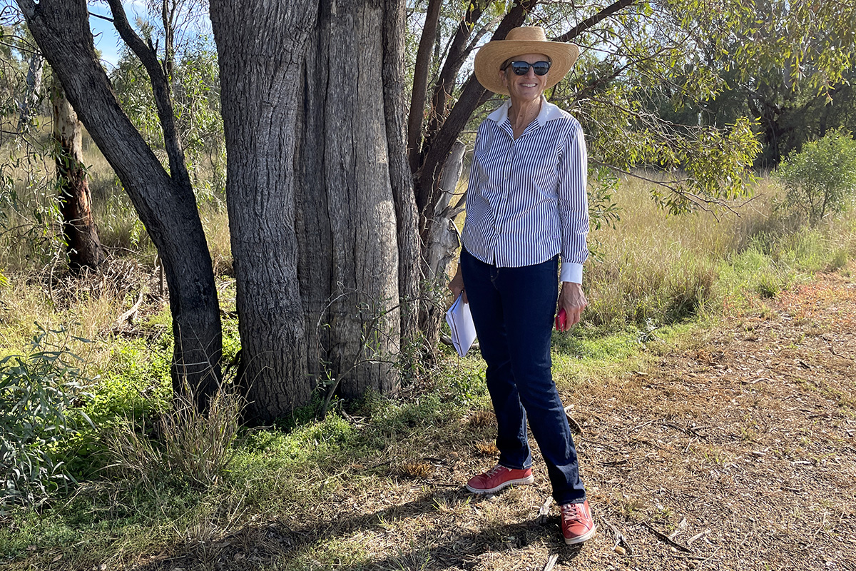 A woman with a hat and sunglasses on standing next to a scar tree by a path.